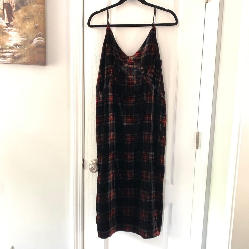 J.Crew Velvet Plaid Midi Slip Dress Black Red‎ Gold K4461 Womens 14